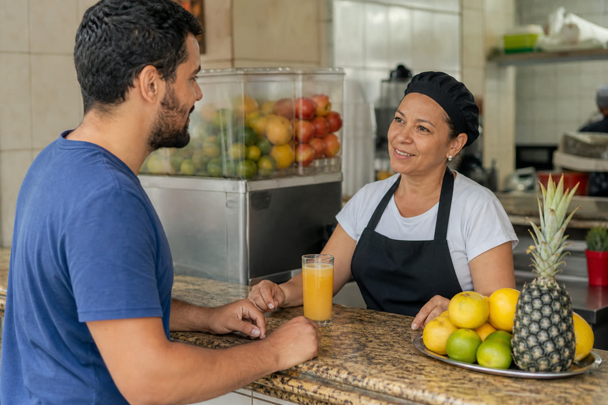Um cliente faz um pedido no balcão de uma lanchonete