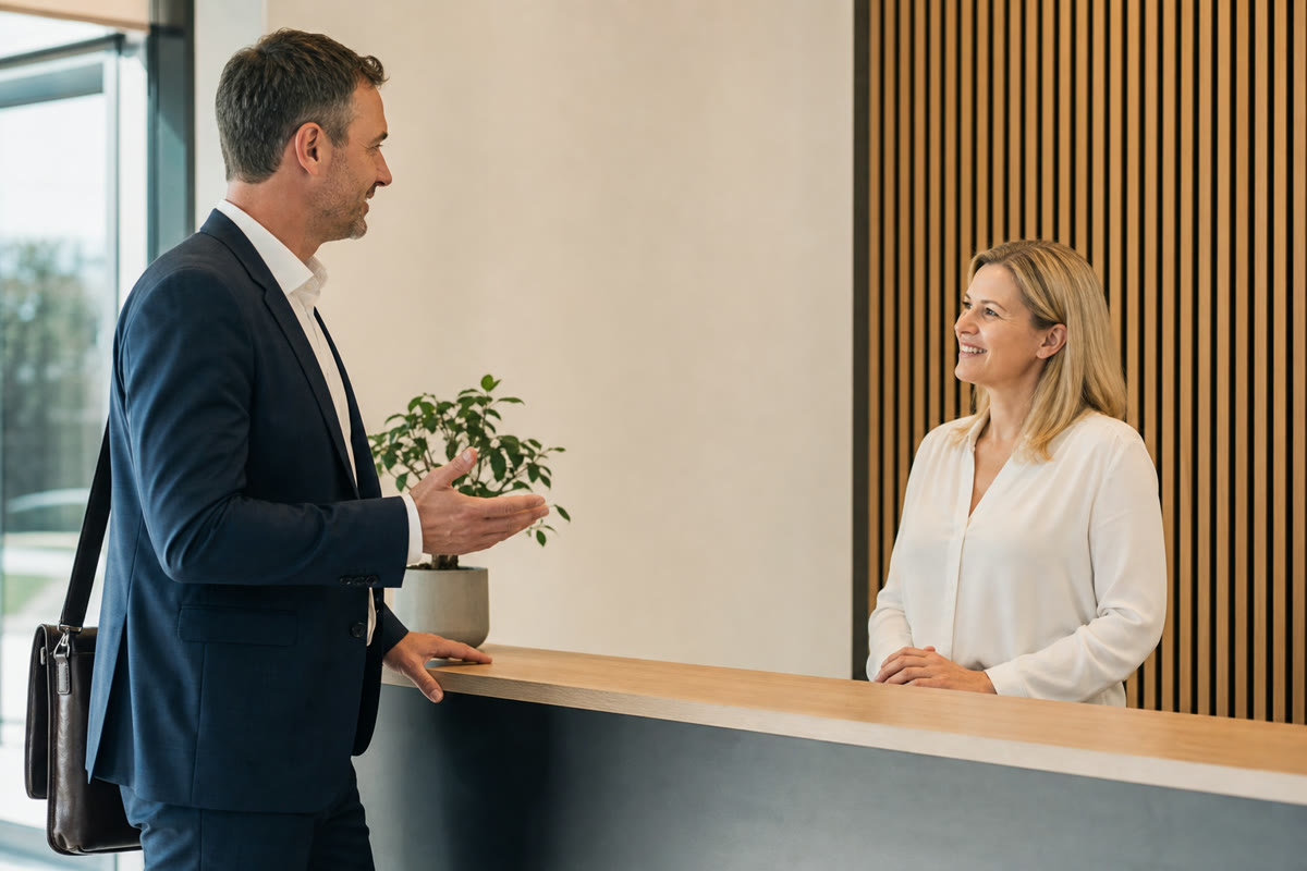 Ein Besucher spricht mit einer Mitarbeiterin an einer Bürorezeption