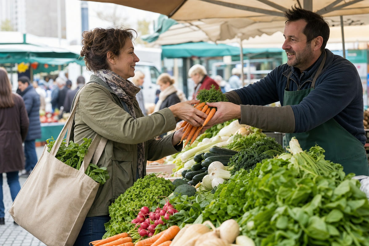 Eine Kundin kauft Gemüse an einem Marktstand