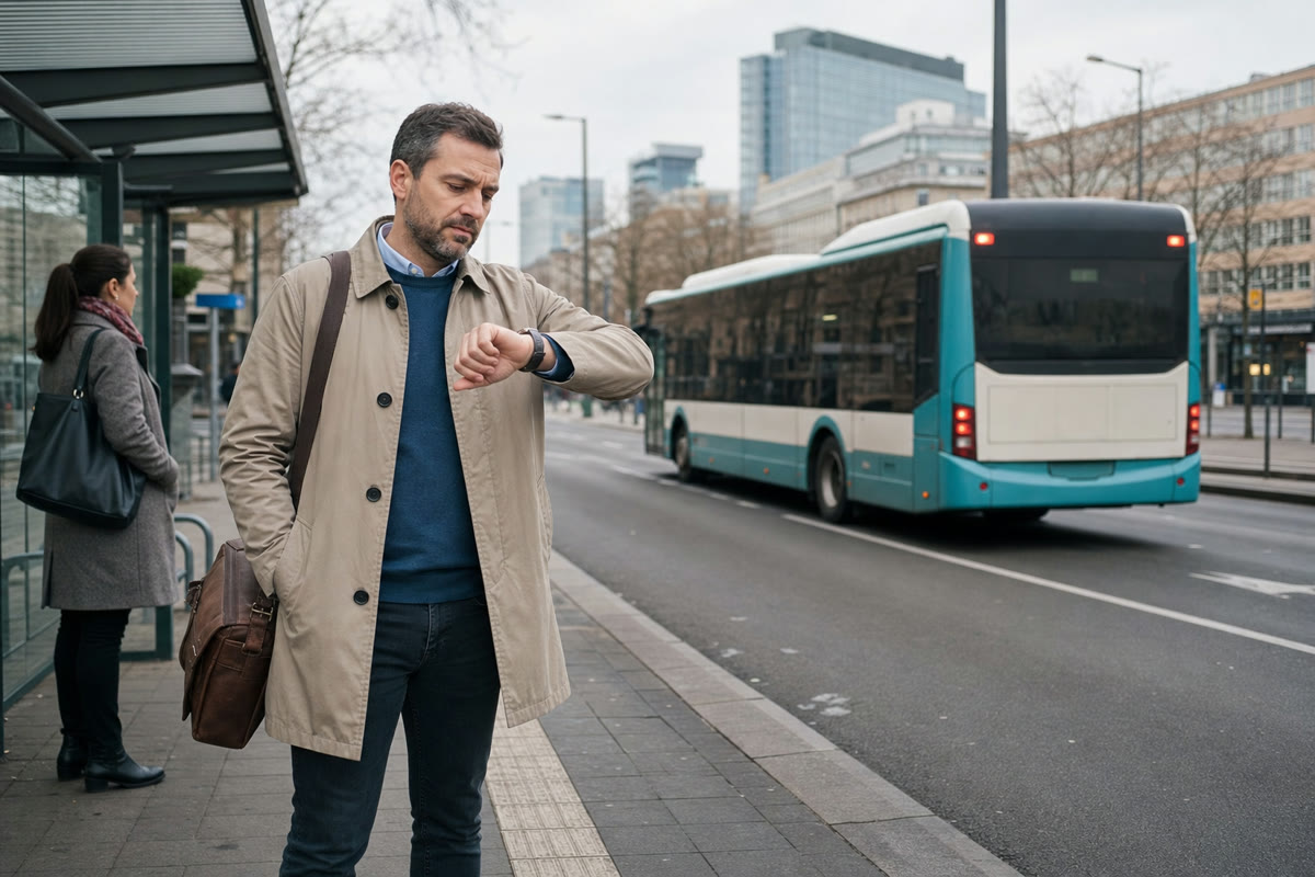 A commuter looks at his watch while a bus drives away