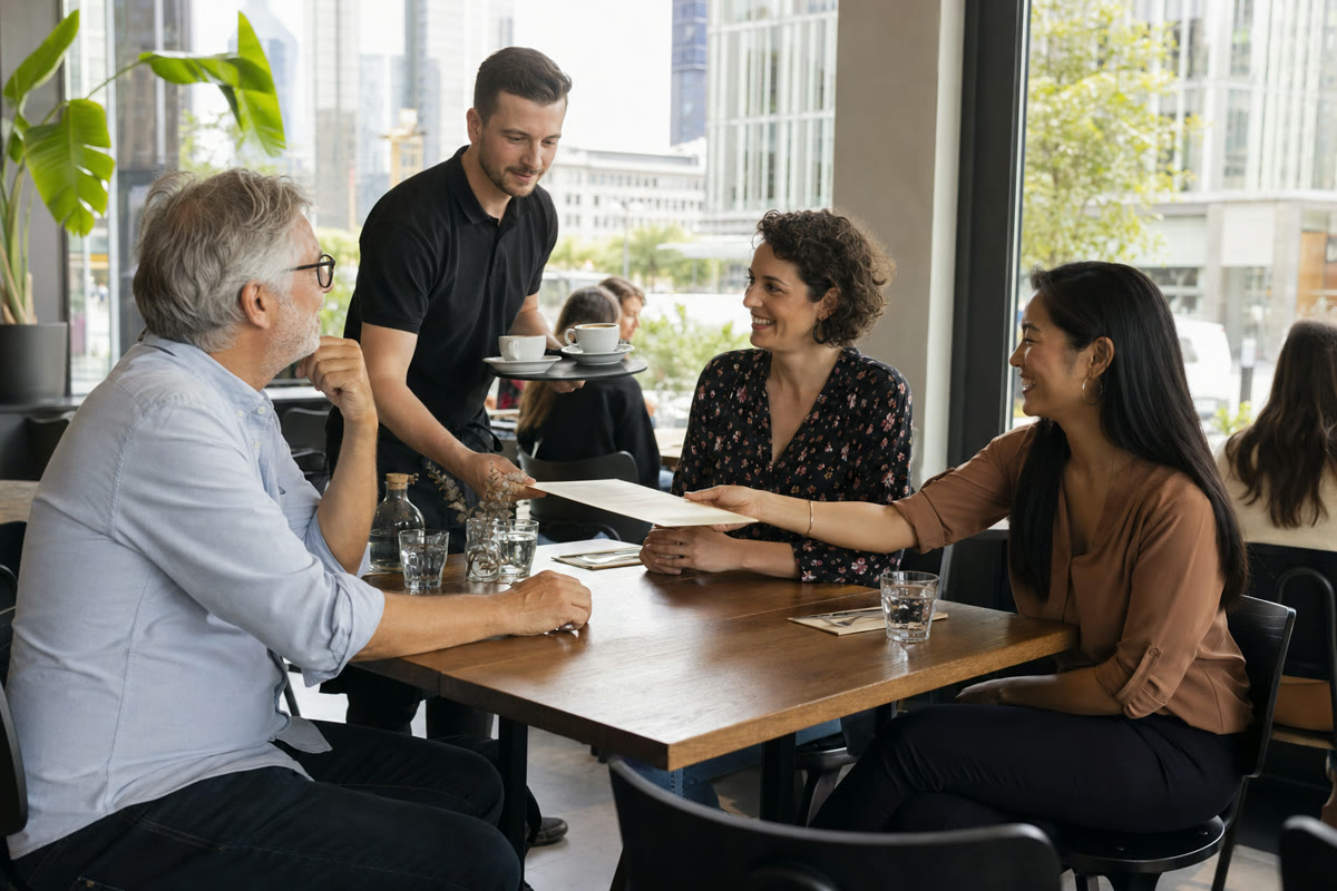 Three adults and a waiter talking at a rectangular cafe table