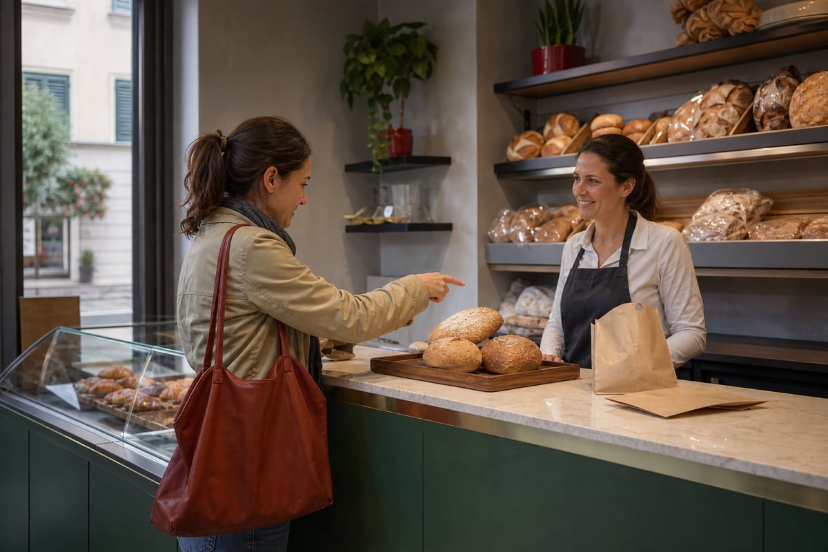 Una cliente indica il pane al banco di una panetteria