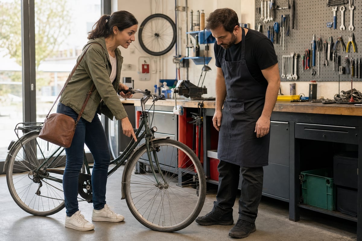 Una cliente mostra la ruota della bicicletta a un meccanico