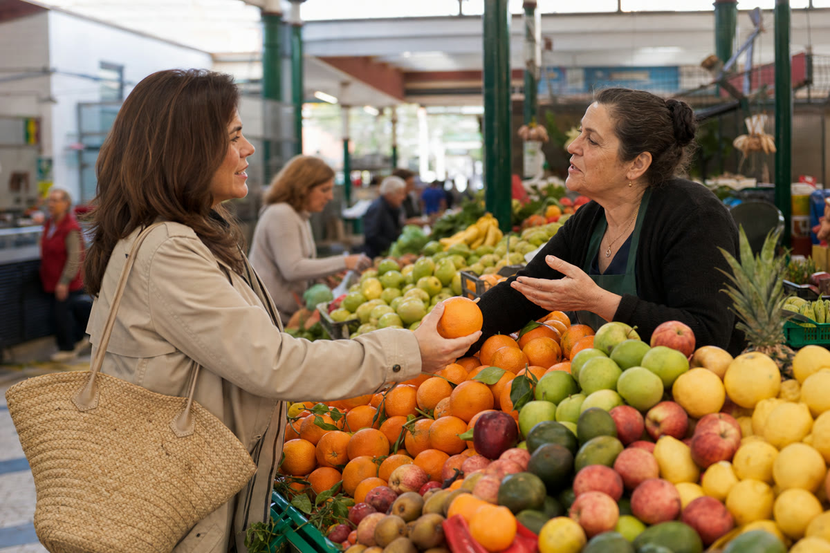 Uma cliente compra fruta numa banca de mercado