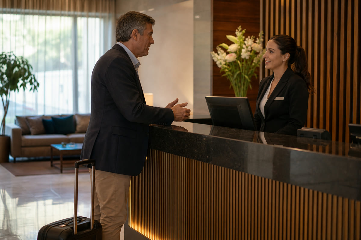 Un huésped conversa con una recepcionista de hotel