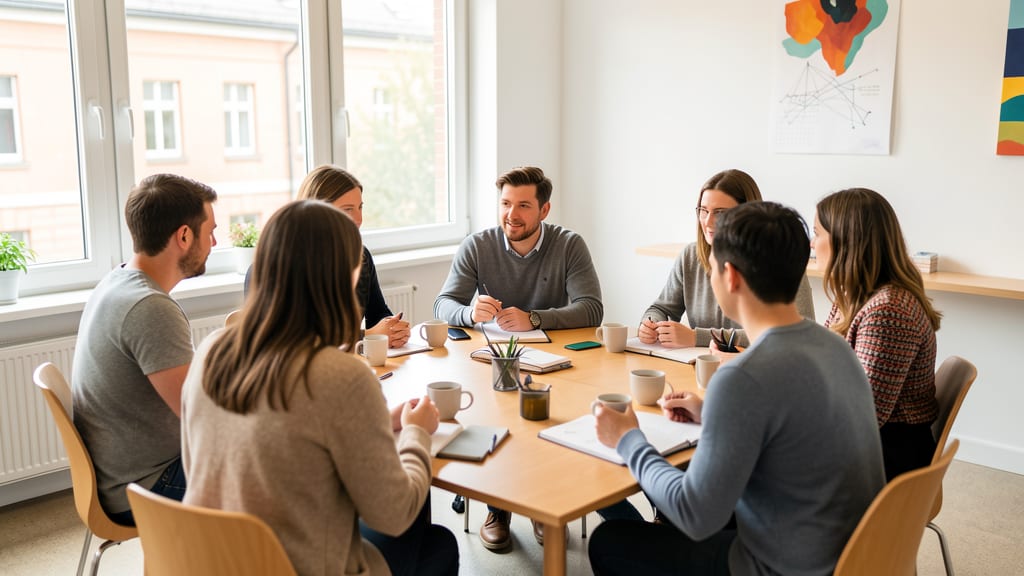 Kleine Lerngruppe am Tisch in hellem Raum
